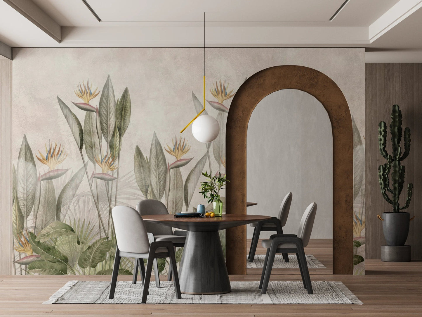 Dining room with arched doorway and green leaf paradise wall mural.
