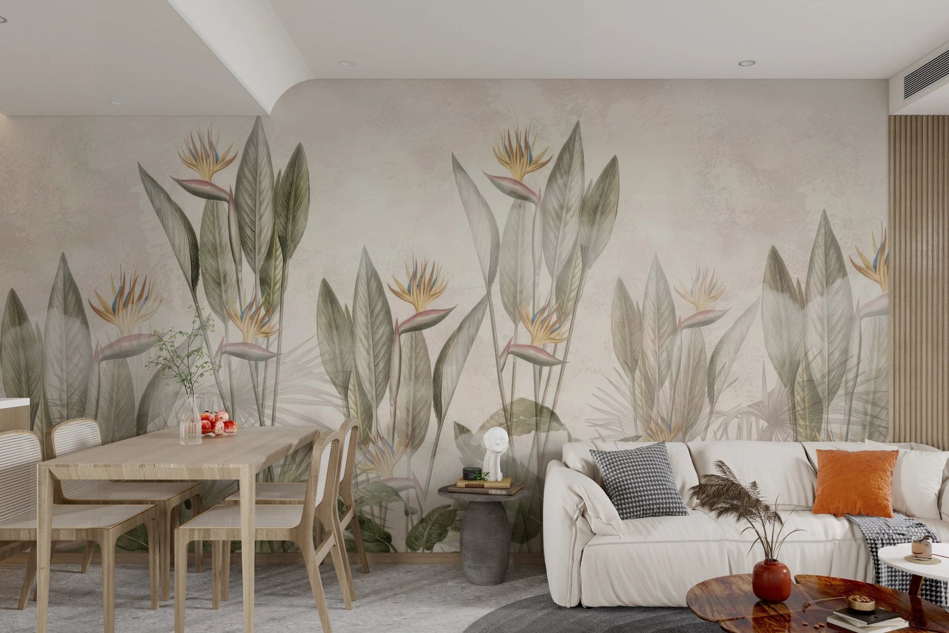 Open plan living area with neutral botanical paradise wall mural and dining table.