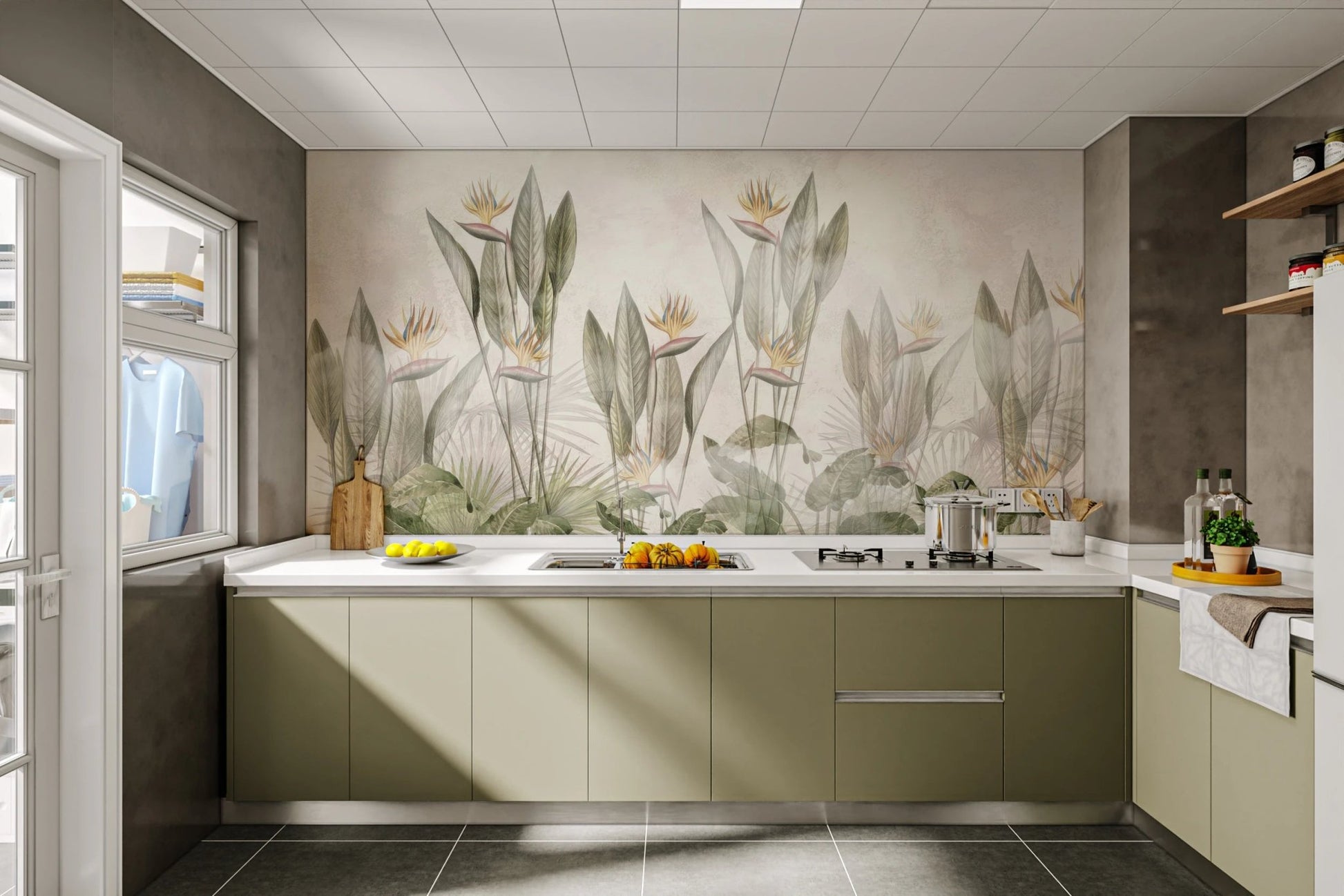 Light green tropical leaf paradise wall mural behind a modern kitchen counter.
