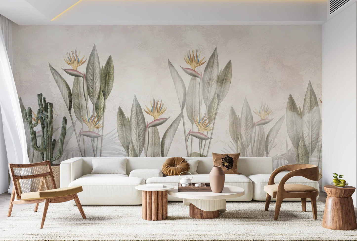 Modern living area with Whispers of Paradise Wall Mural and beige furniture.