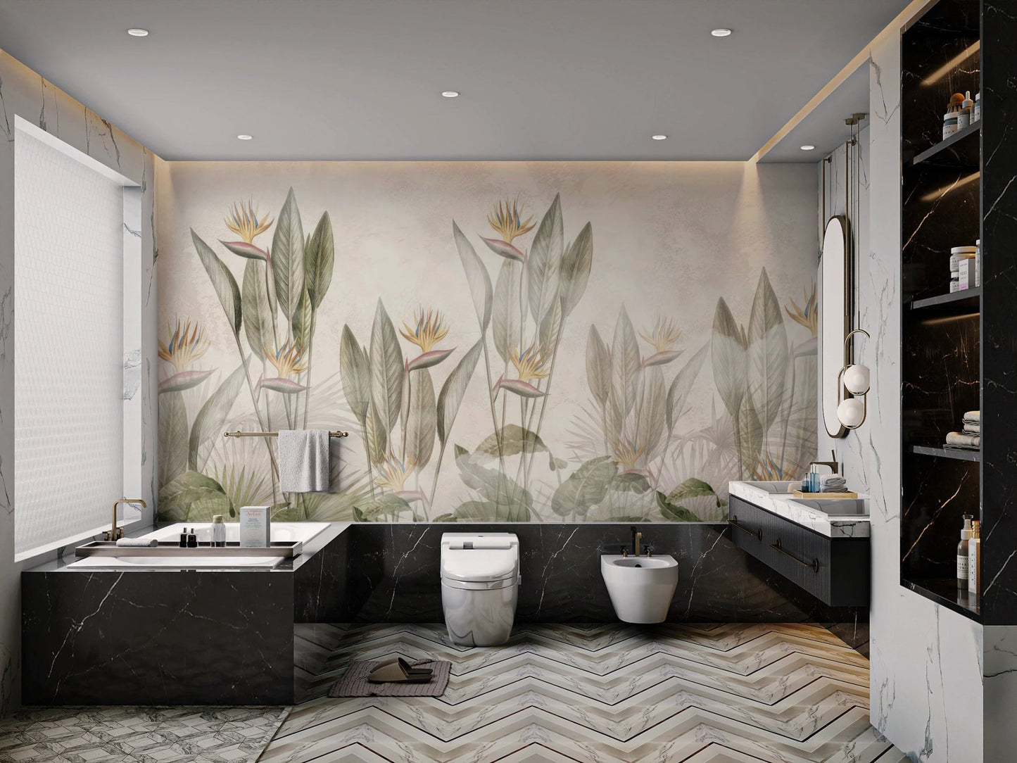 Botanical paradise wall mural in a contemporary bathroom with dark grey fixtures.