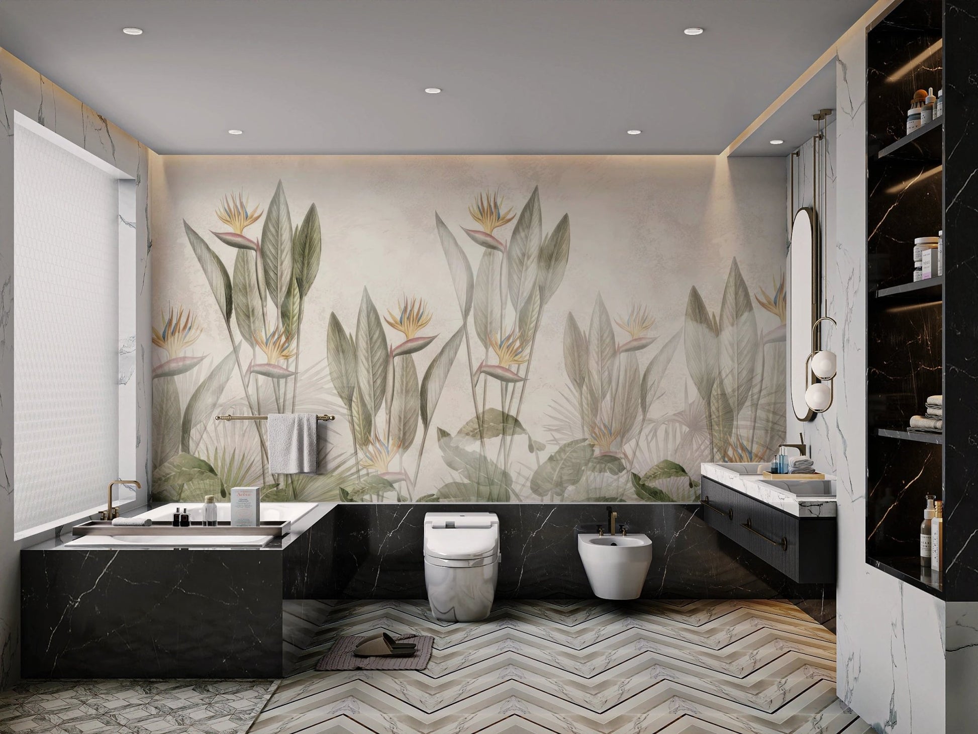 Botanical paradise wall mural in a contemporary bathroom with dark grey fixtures.