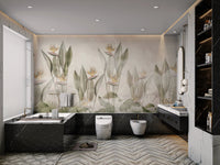 Botanical paradise wall mural in a contemporary bathroom with dark grey fixtures.