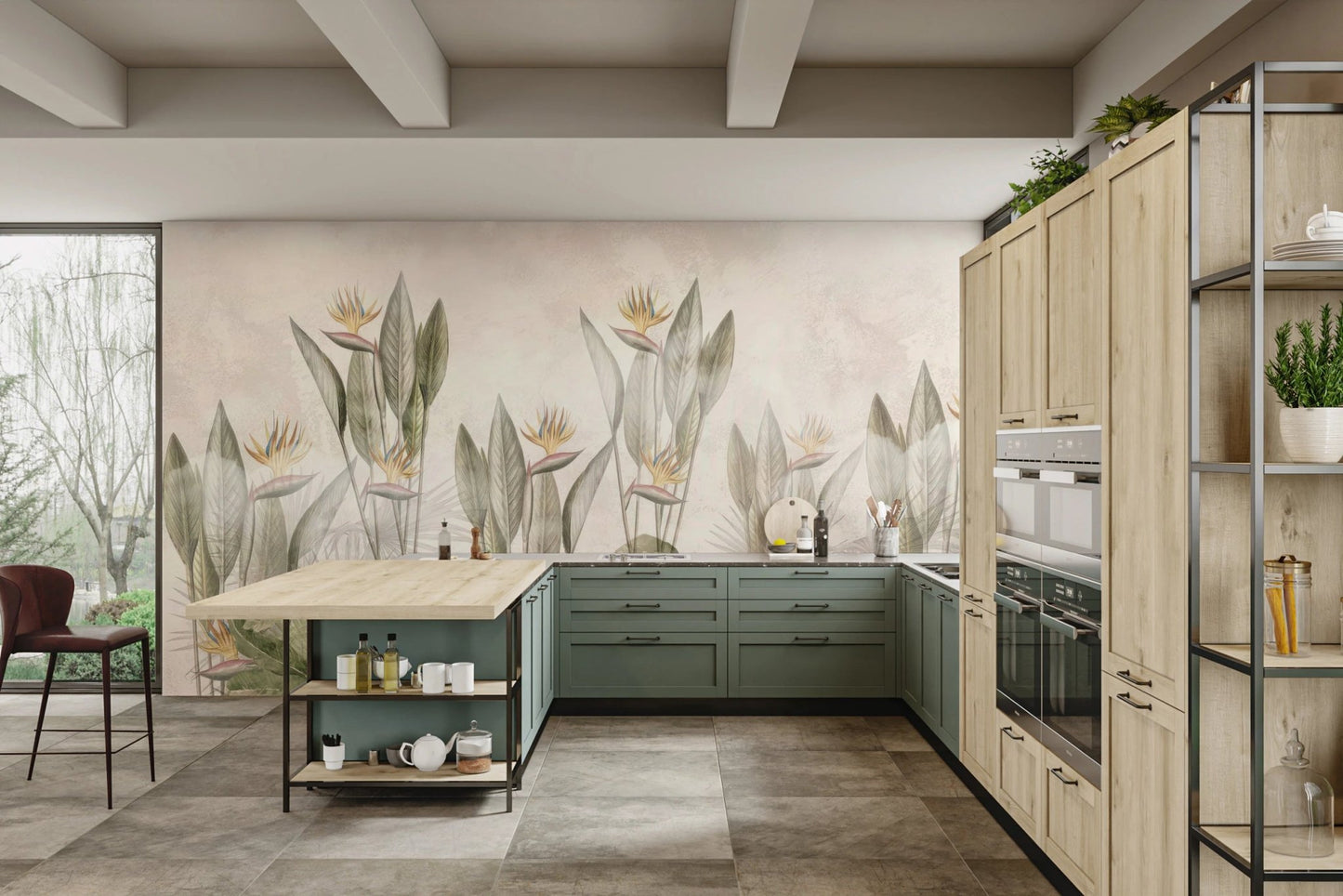 Kitchen wall mural featuring green bird of paradise leaves and light wood.