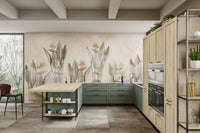 Kitchen wall mural featuring green bird of paradise leaves and light wood.