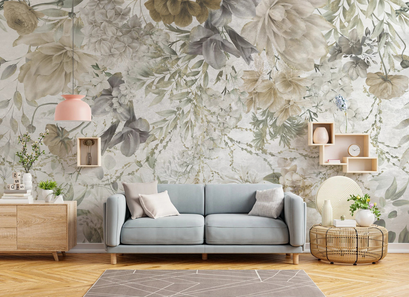Living room featuring a light blue sofa and whisper hummingbird wall mural.