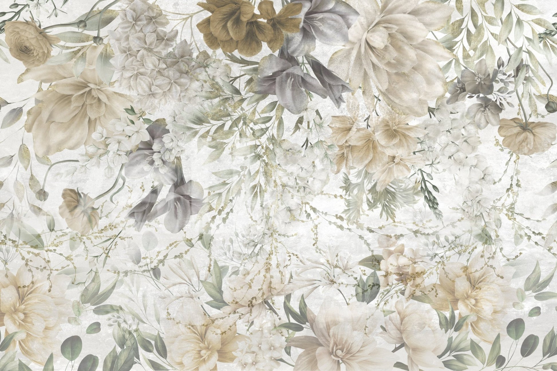 Full view of whisper botanical wall mural with beige flowers and grey bird illustrations.