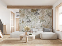 Minimalist living space with Whispers of Spring Wall Mural and white sectional sofa.