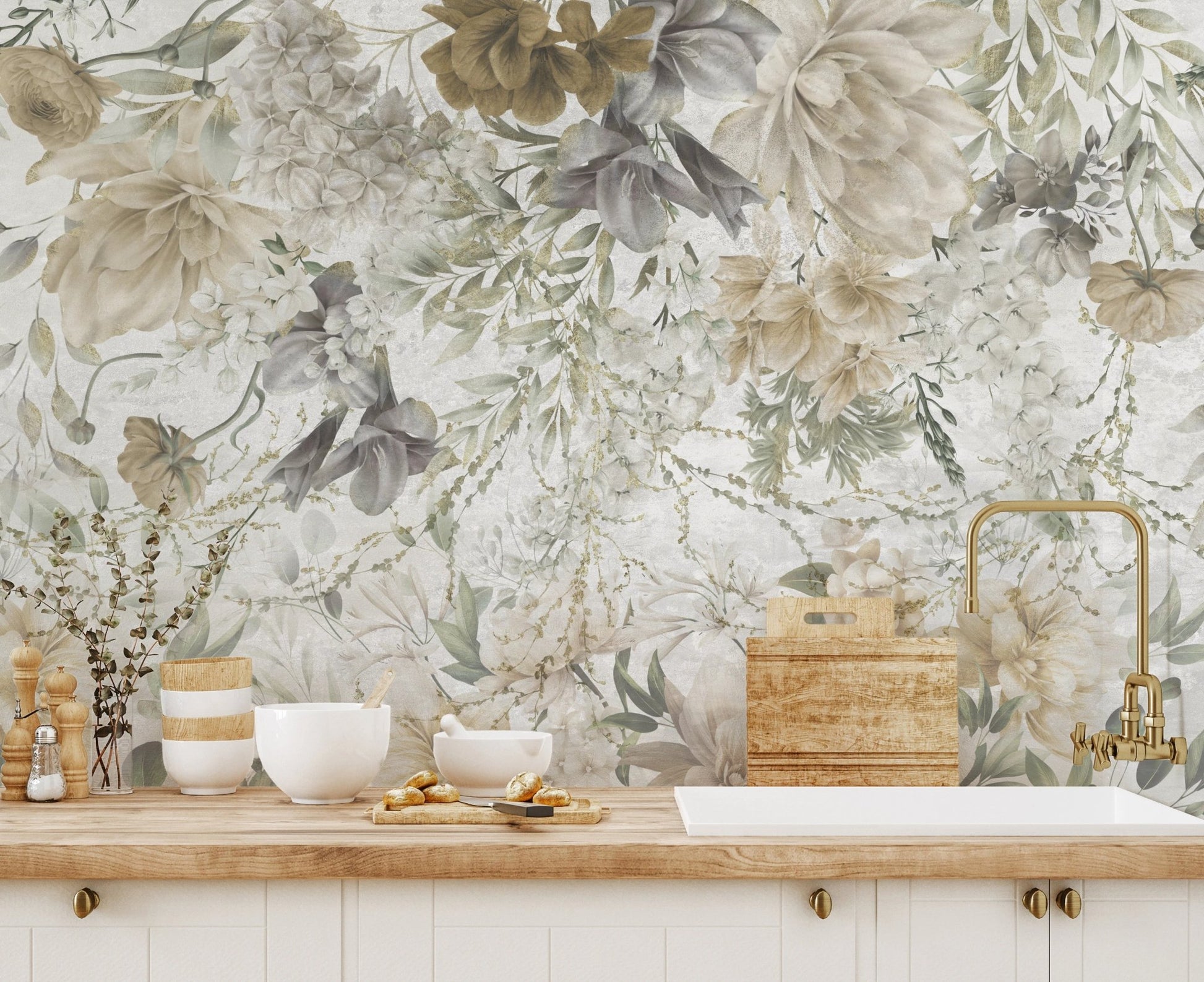 Kitchen counter detail with Whispers of Spring Wall Mural and wooden surfaces.