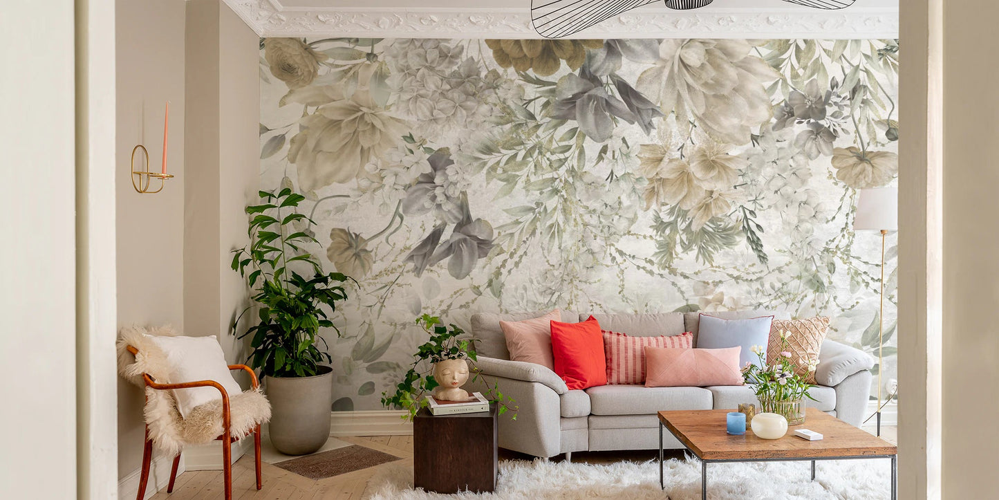 Modern living area featuring a whisper flower wall mural and green indoor plants.
