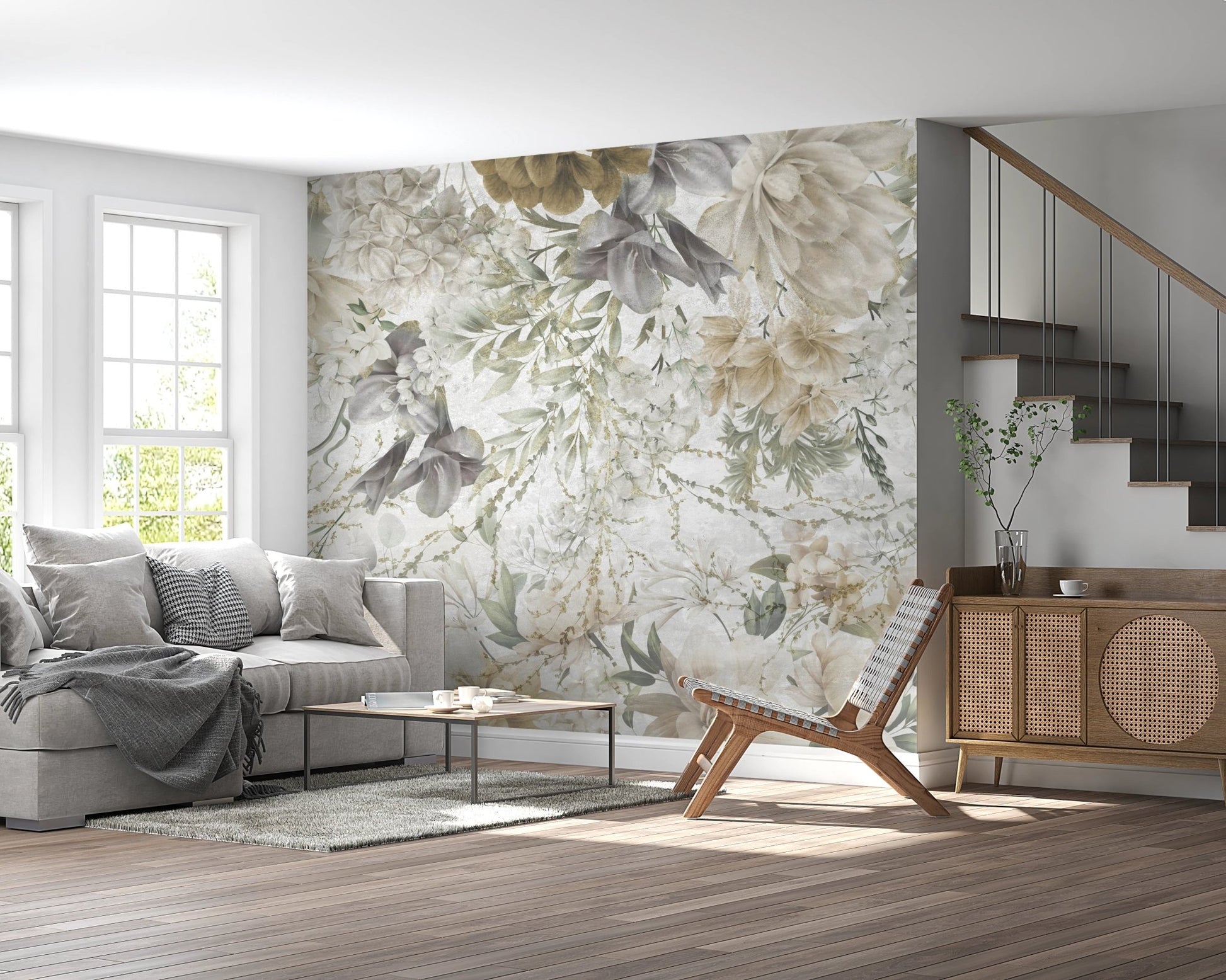 Spring Floral wall mural in a grey living room with a modern sofa and wooden stairs.