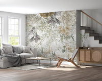 Spring Floral wall mural in a grey living room with a modern sofa and wooden stairs.