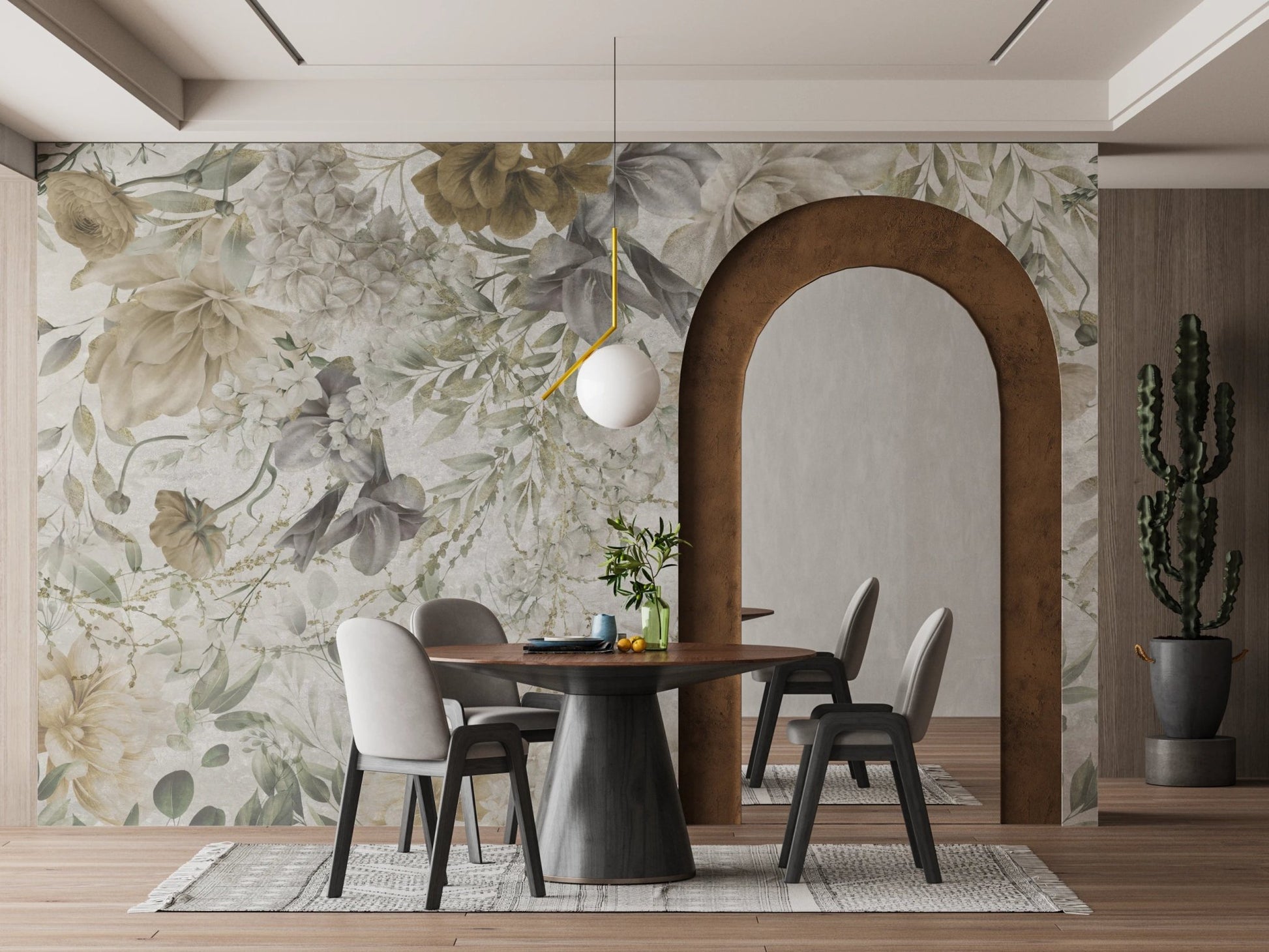 Dining room with a dark table set against a large spring floral arched wall mural.