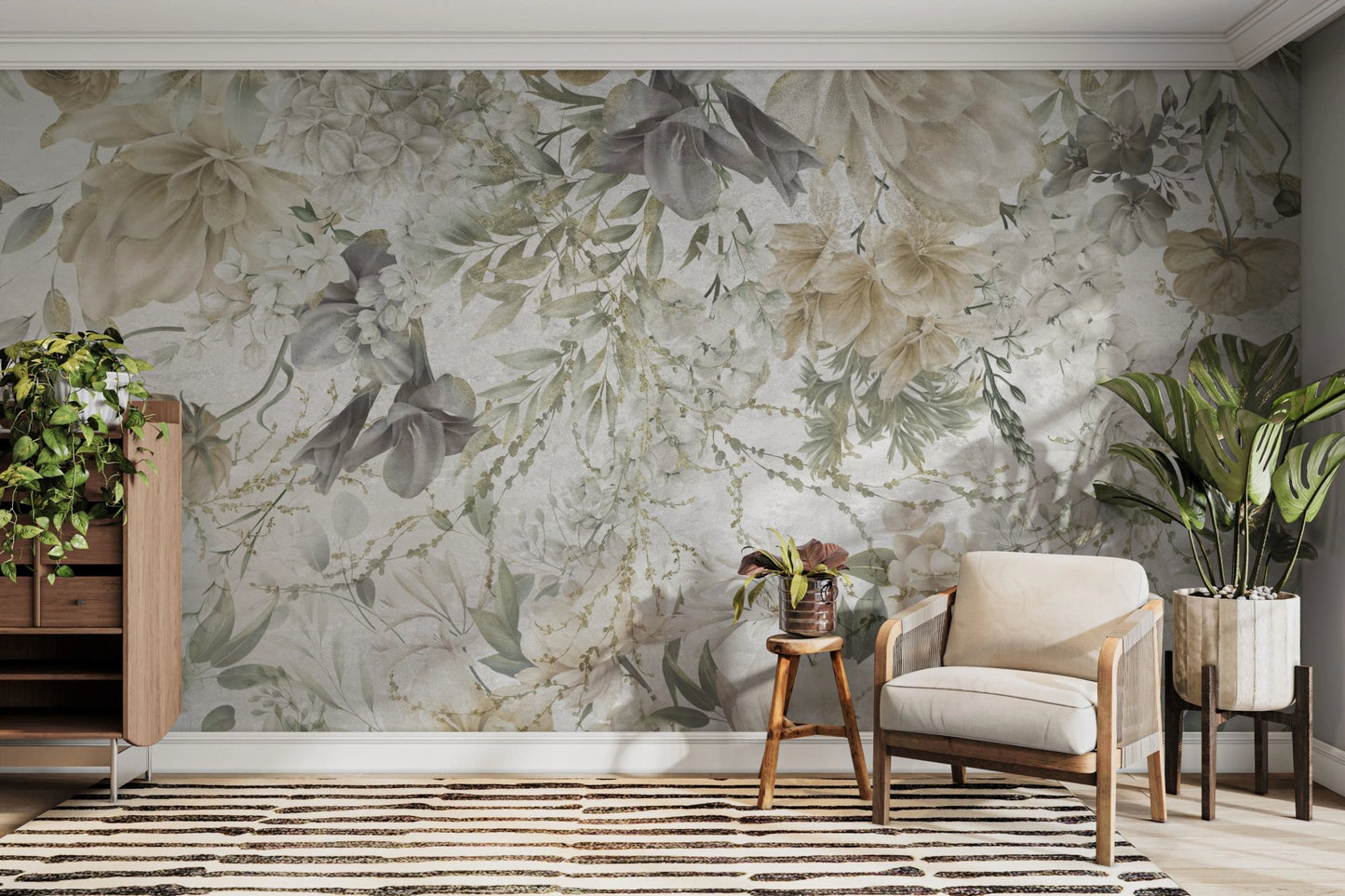 Vintage style living with a spring wall mural and mid-century modern furniture.