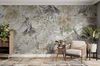 Vintage style living with a spring wall mural and mid-century modern furniture.