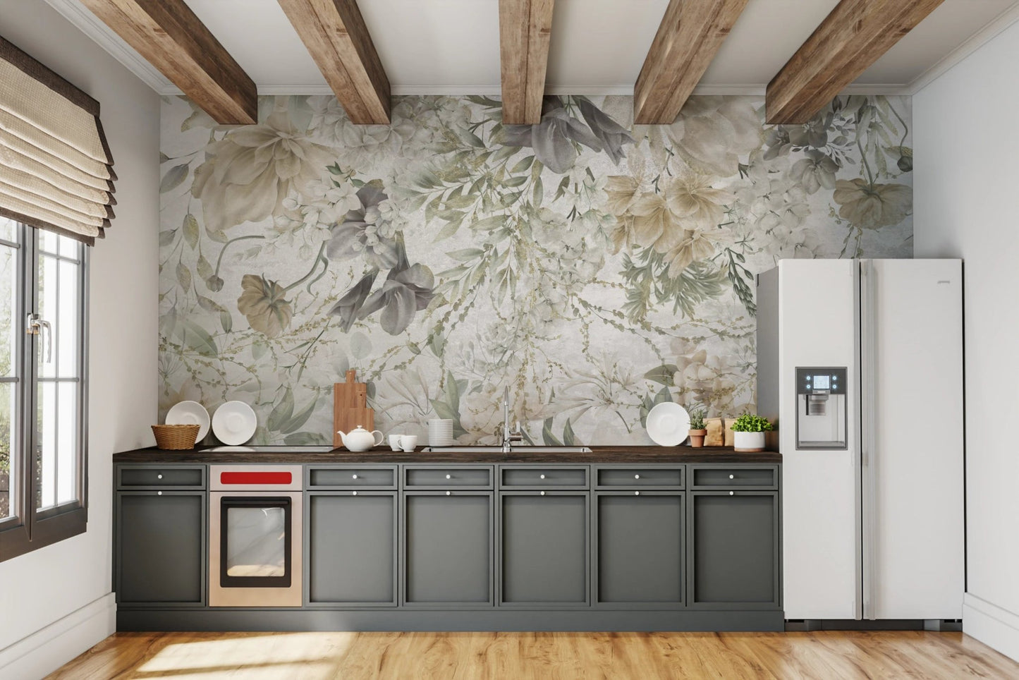 Kitchen wall mural with spring botanical patterns behind dark cabinets and wooden beams.