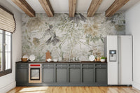 Kitchen wall mural with spring botanical patterns behind dark cabinets and wooden beams.