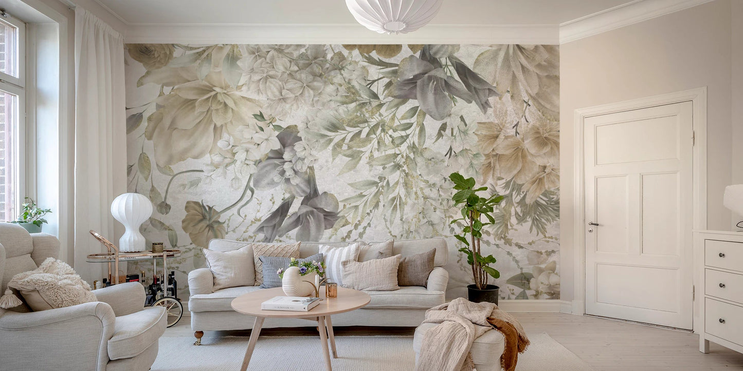 Spacious open-plan room with grey spring floral wall mural and light wood flooring.