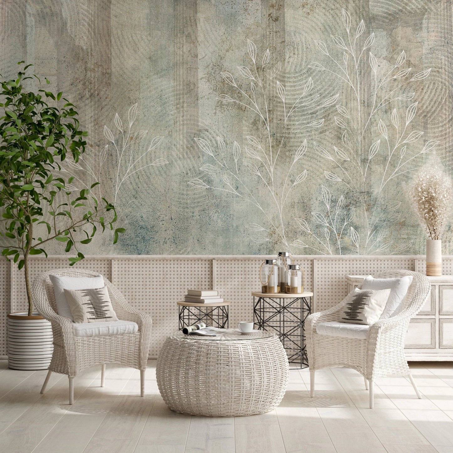 Whispers of the Past Wall Mural in a reception area with white armchairs.