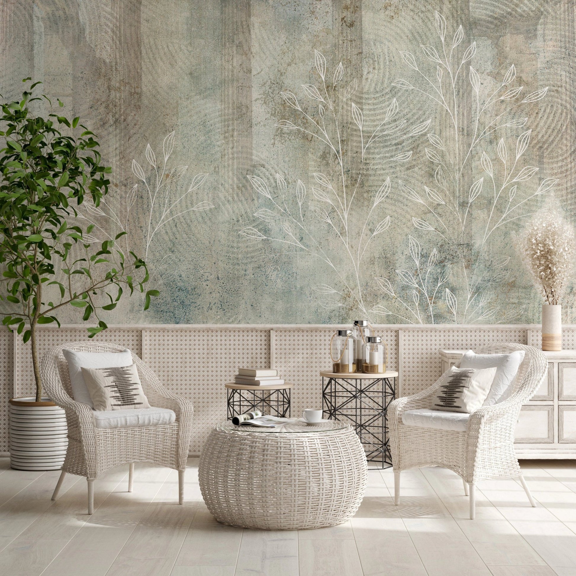Whispers of the Past Wall Mural in a reception area with white armchairs.