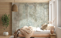 Whispers of the Past Wall Mural in a bedroom with terracotta bedding.