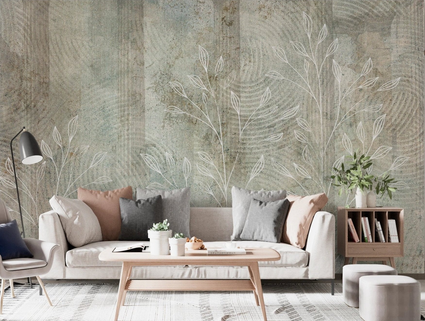 Textured botanical whisper wall mural in a white contemporary sitting room.