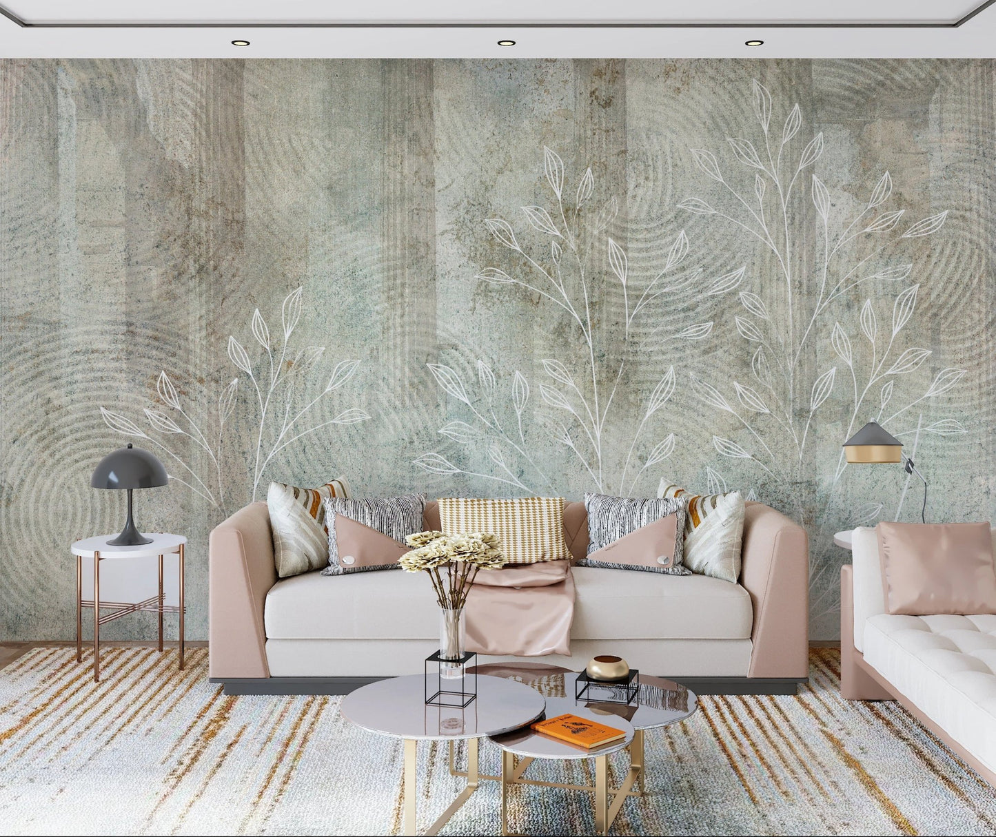 Whispers of the Past Wall Mural in a modern living room with a pink sofa