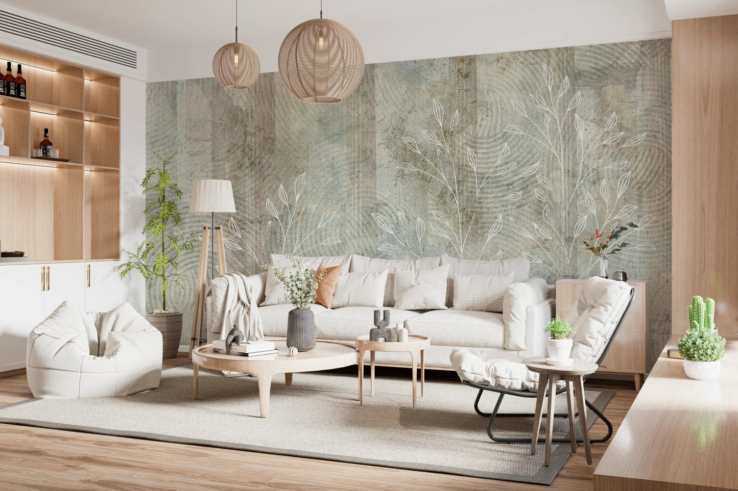 Muted tone whisper landscape wall mural with pendant lighting and cream couch.