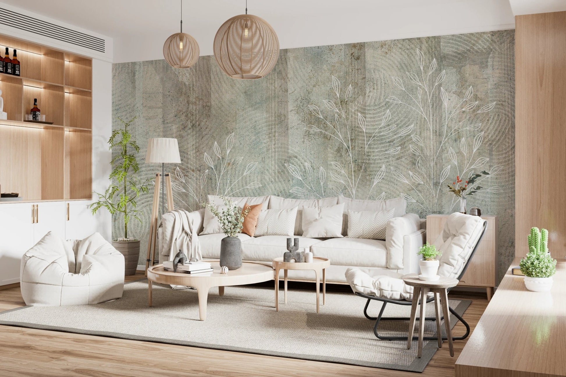 Muted tone whisper landscape wall mural with pendant lighting and cream couch.