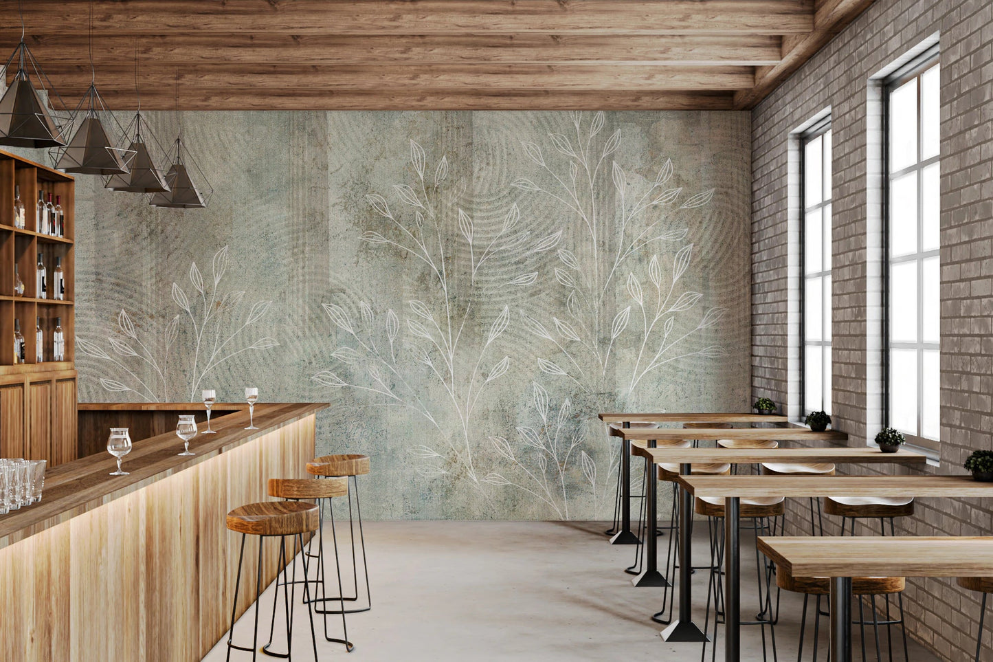 Whisper inspired wall mural in a sunlit lounge with potted plants.