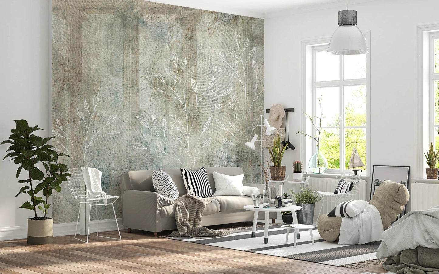 Whispere floral wall mural in a bright lounge area with minimalist furniture.