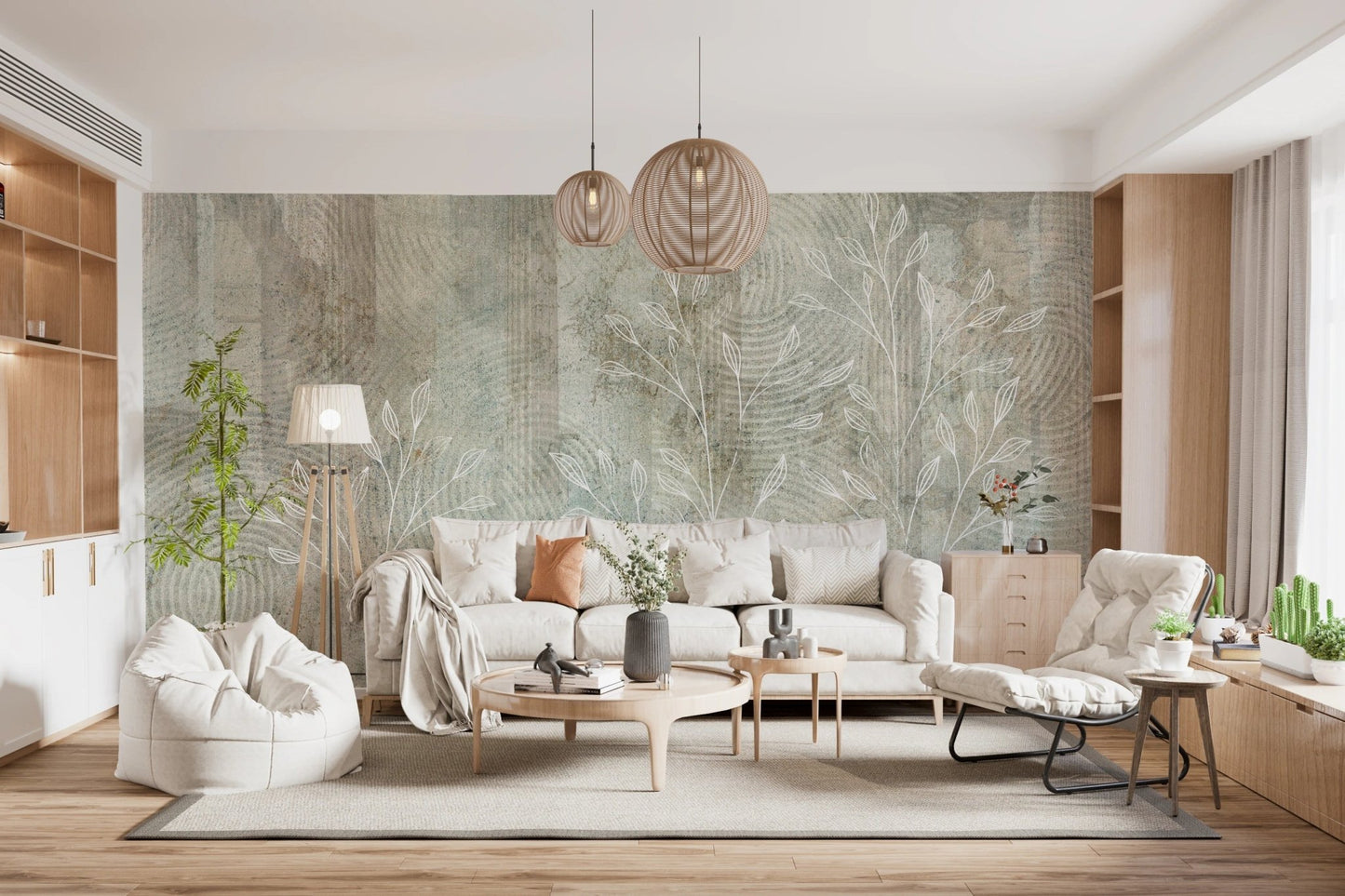Light teal and tan whisper wall mural in a room with light wood flooring.