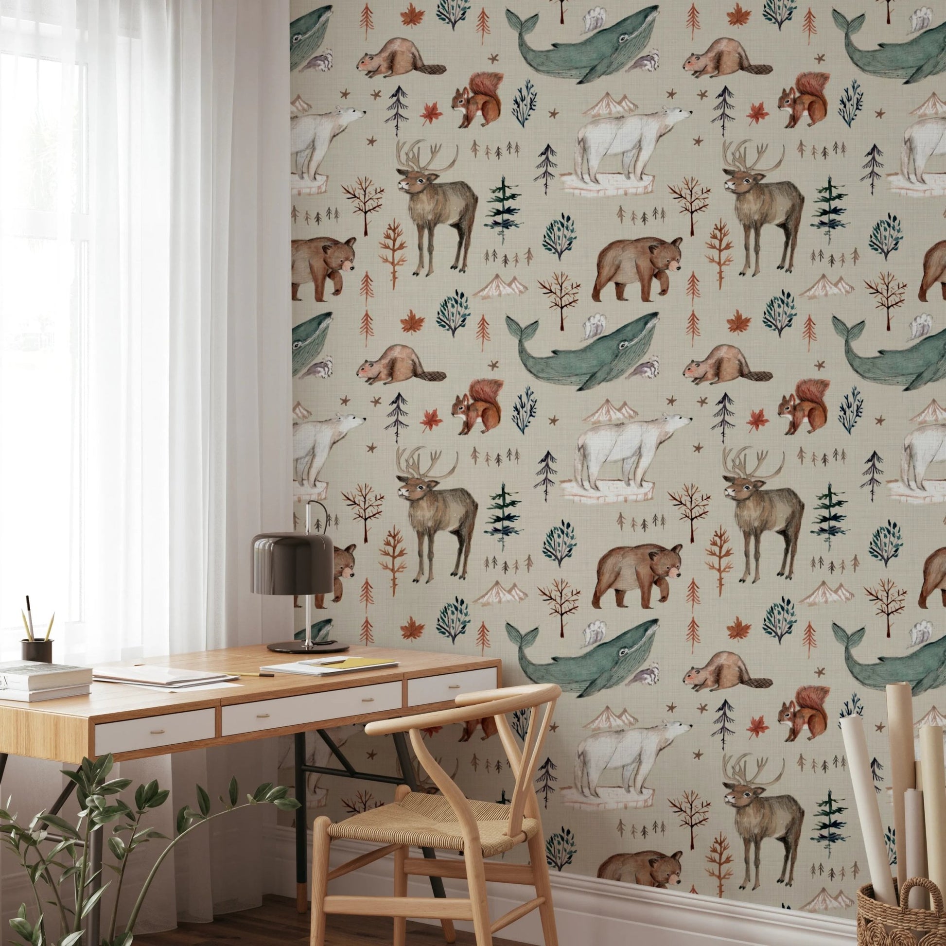 Wildlife peel and stick wallpaper with watercolor animals