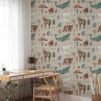 Wildlife peel and stick wallpaper with watercolor animals