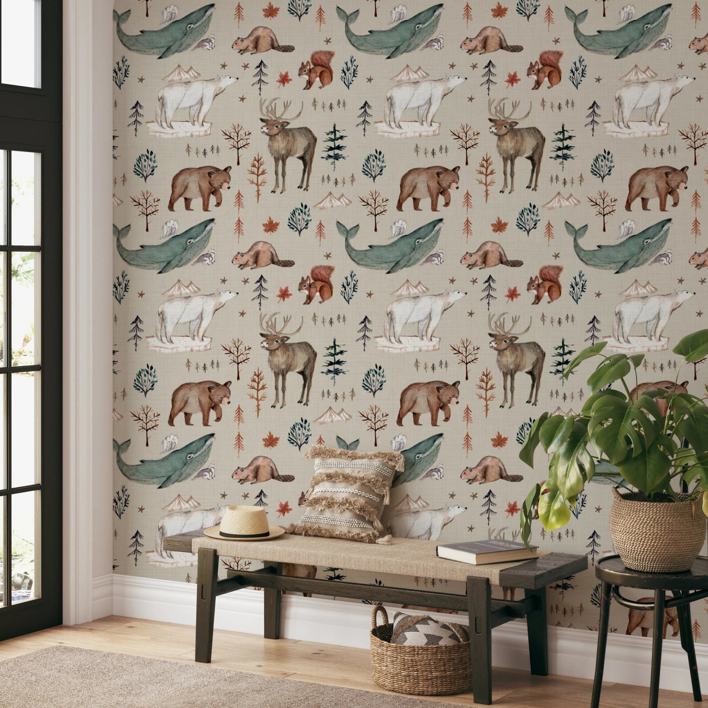 Watercolor wildlife peel and stick wallpaper decor