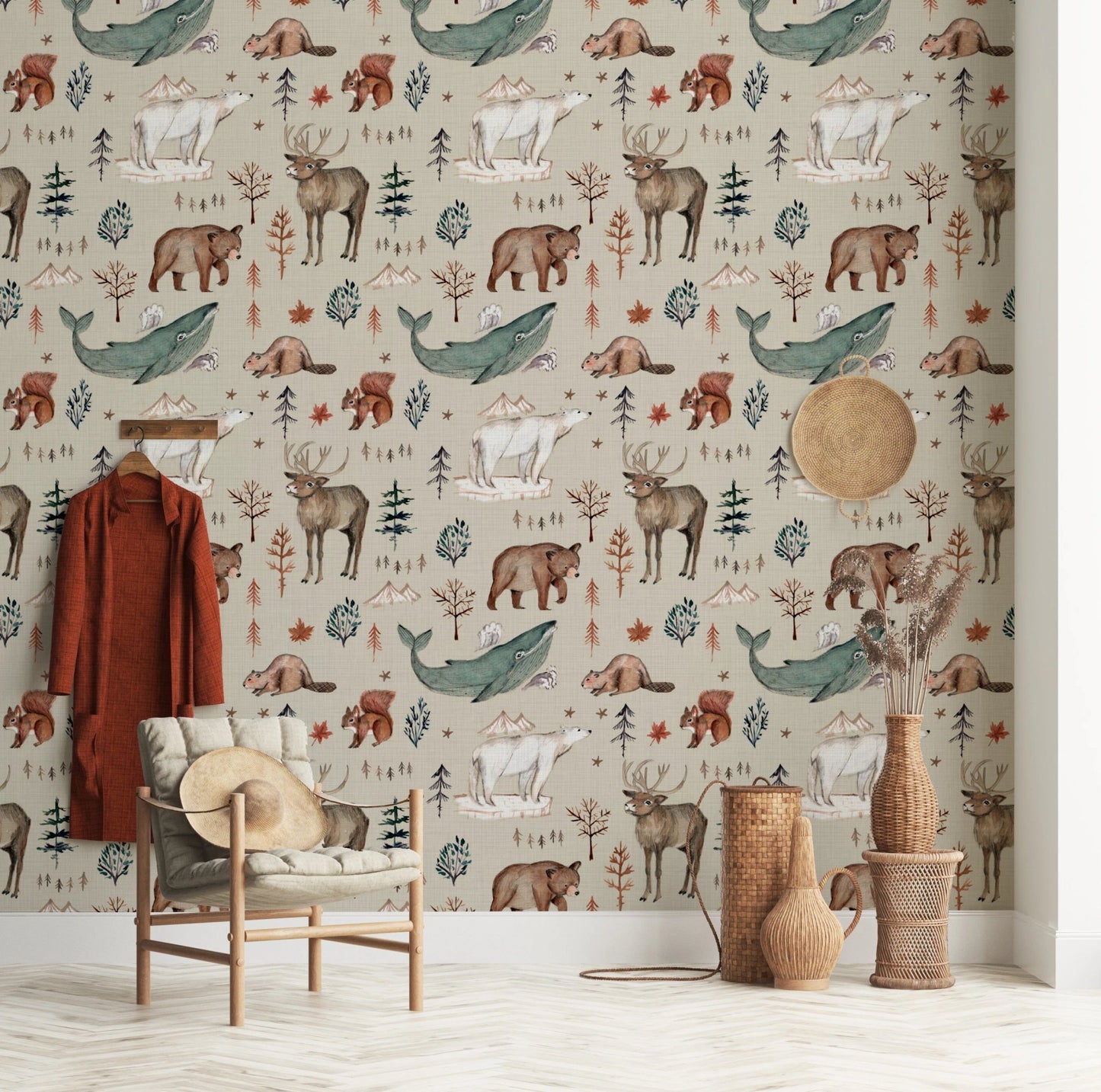 Hand painted animal peel and stick wallpaper pattern