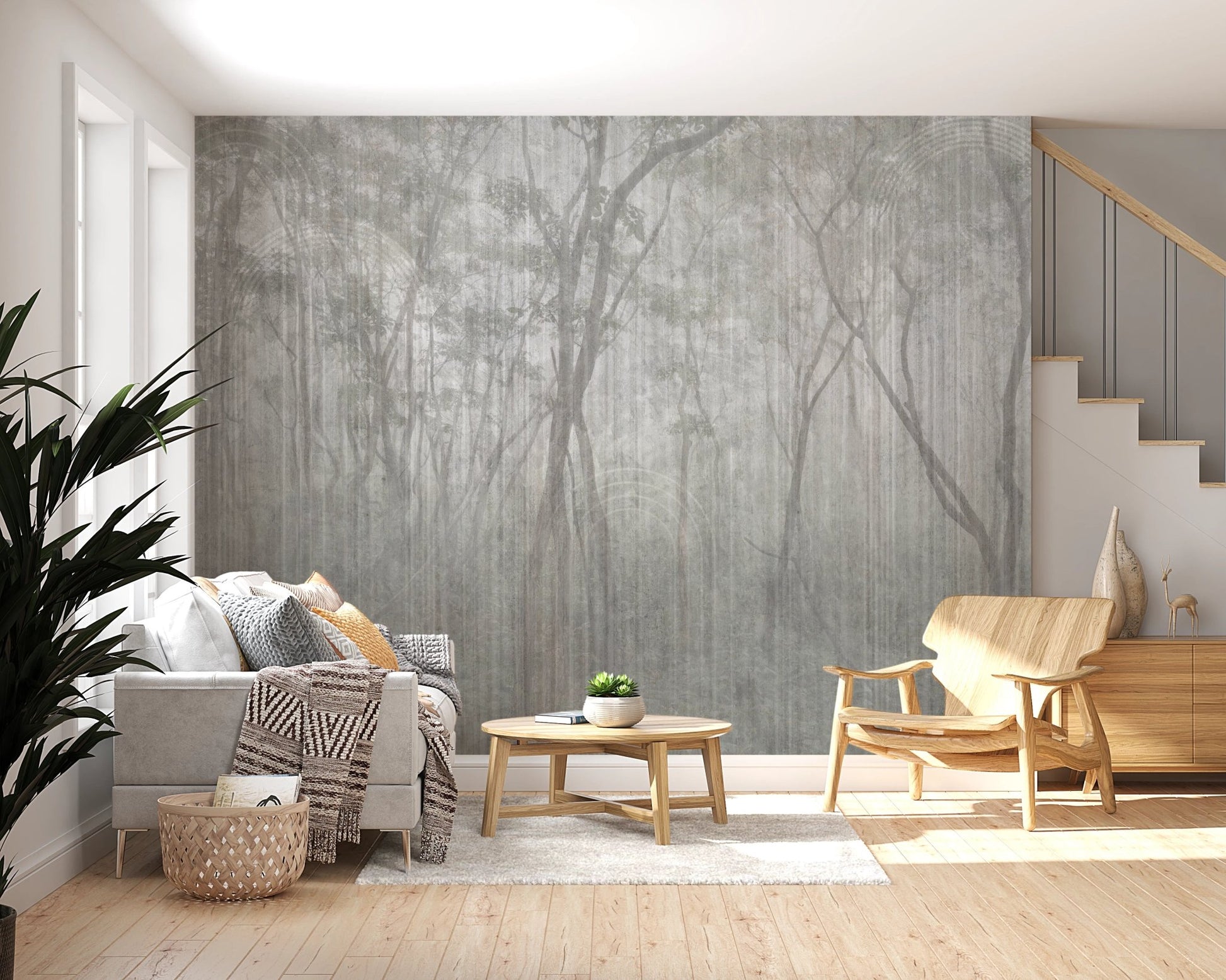 Grey wood forest wall mural behind a light grey sofa and wooden coffee table.
