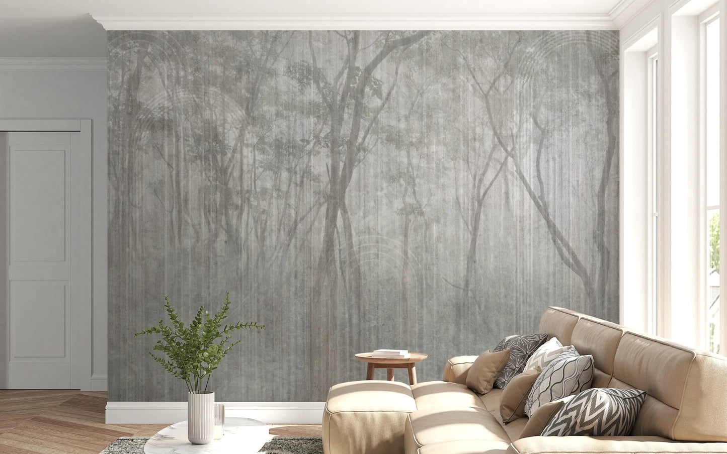 Neutral living room with a grey wood design wall mural and cream seating.