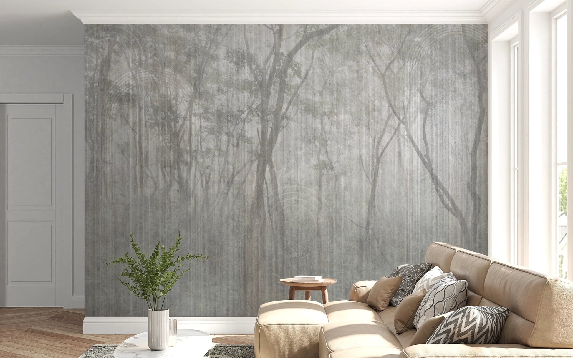 Neutral living room with a grey wood design wall mural and cream seating.