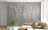 Neutral living room with a grey wood design wall mural and cream seating.