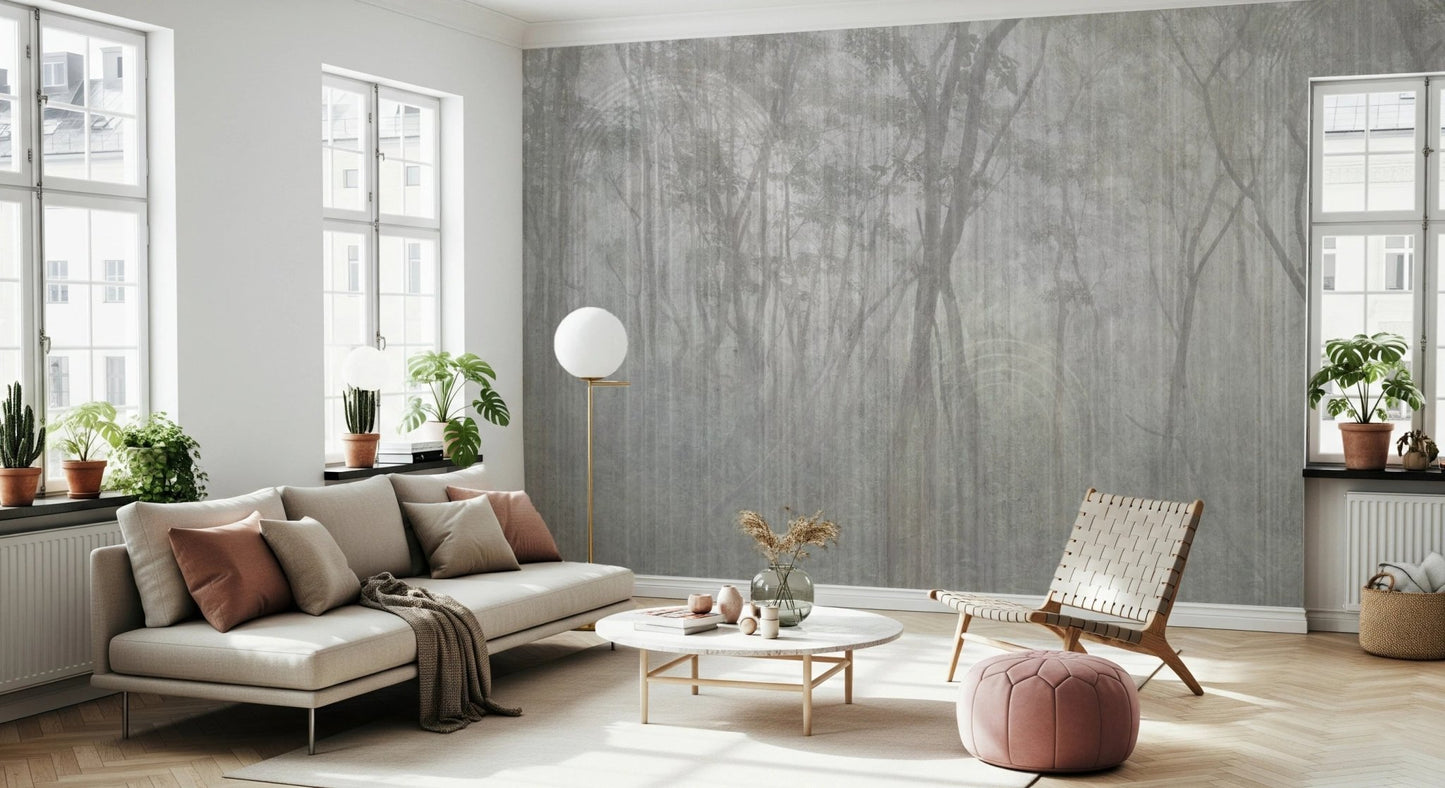 Grey wood forest wall mural in a bright room with large windows and a white sofa.