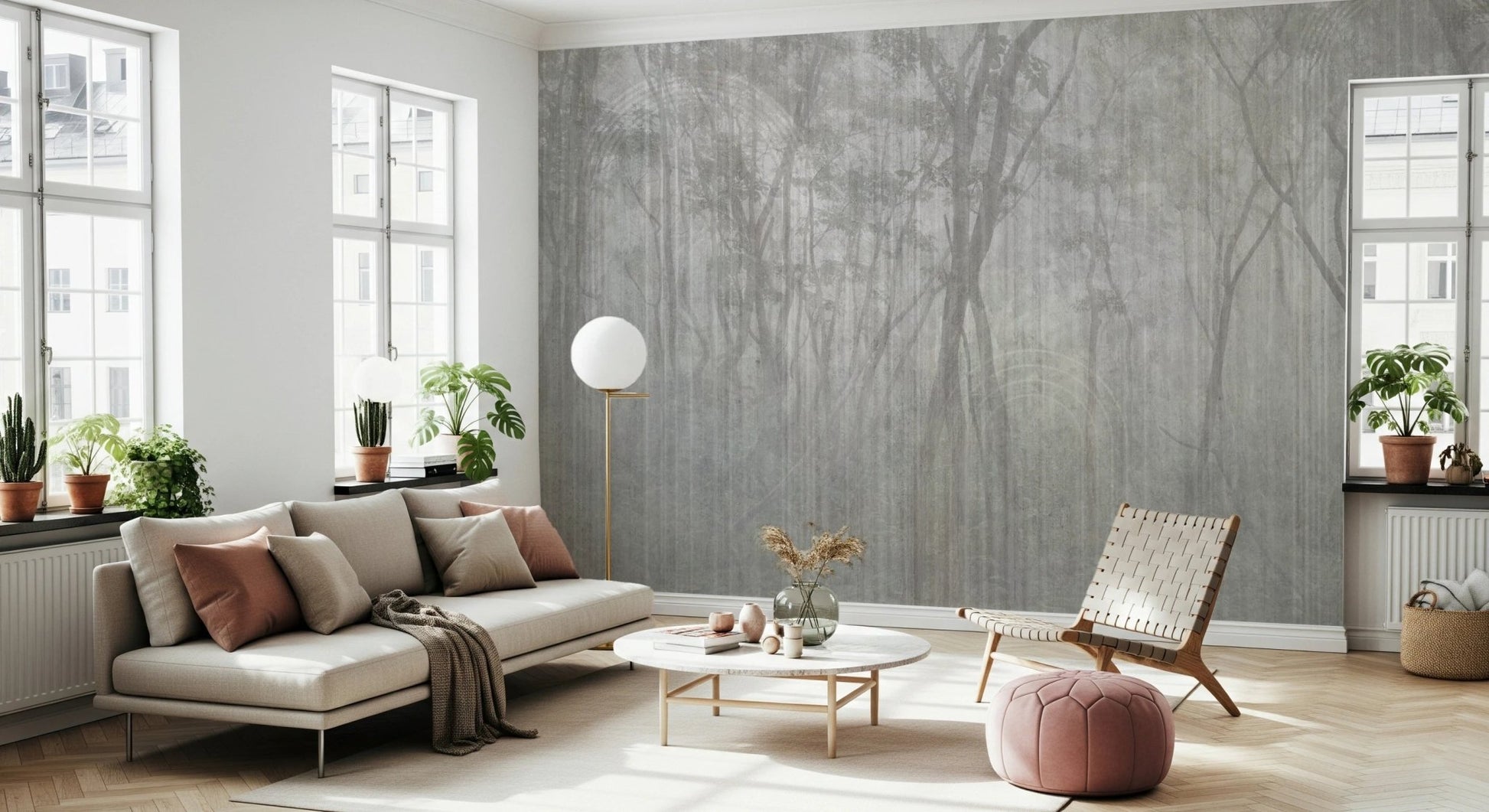 Grey wood forest wall mural in a bright room with large windows and a white sofa.