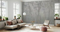 Grey wood forest wall mural in a bright room with large windows and a white sofa.