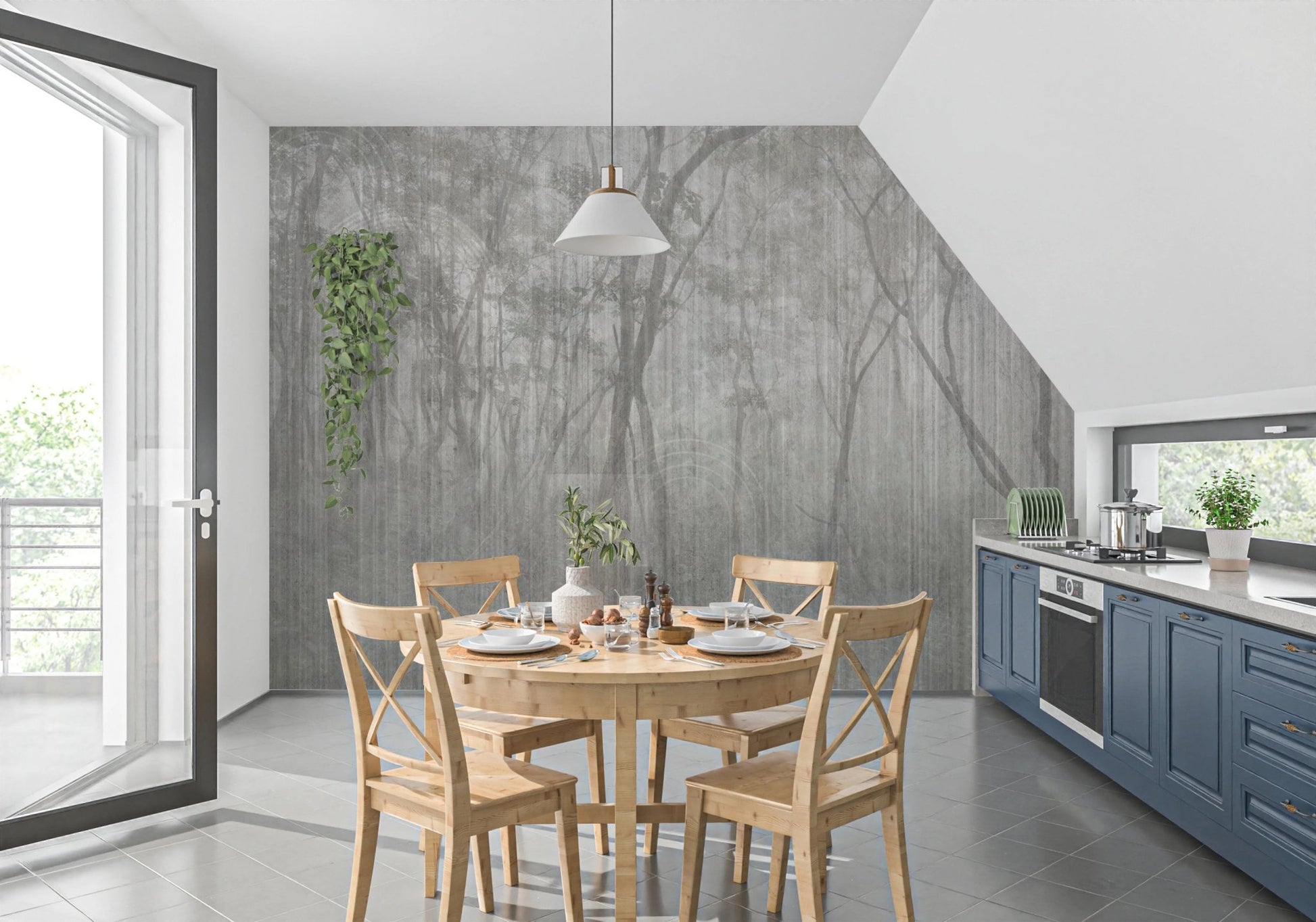 Whispers of the Woods Wall Mural in a kitchen with blue cabinets and a wooden table.