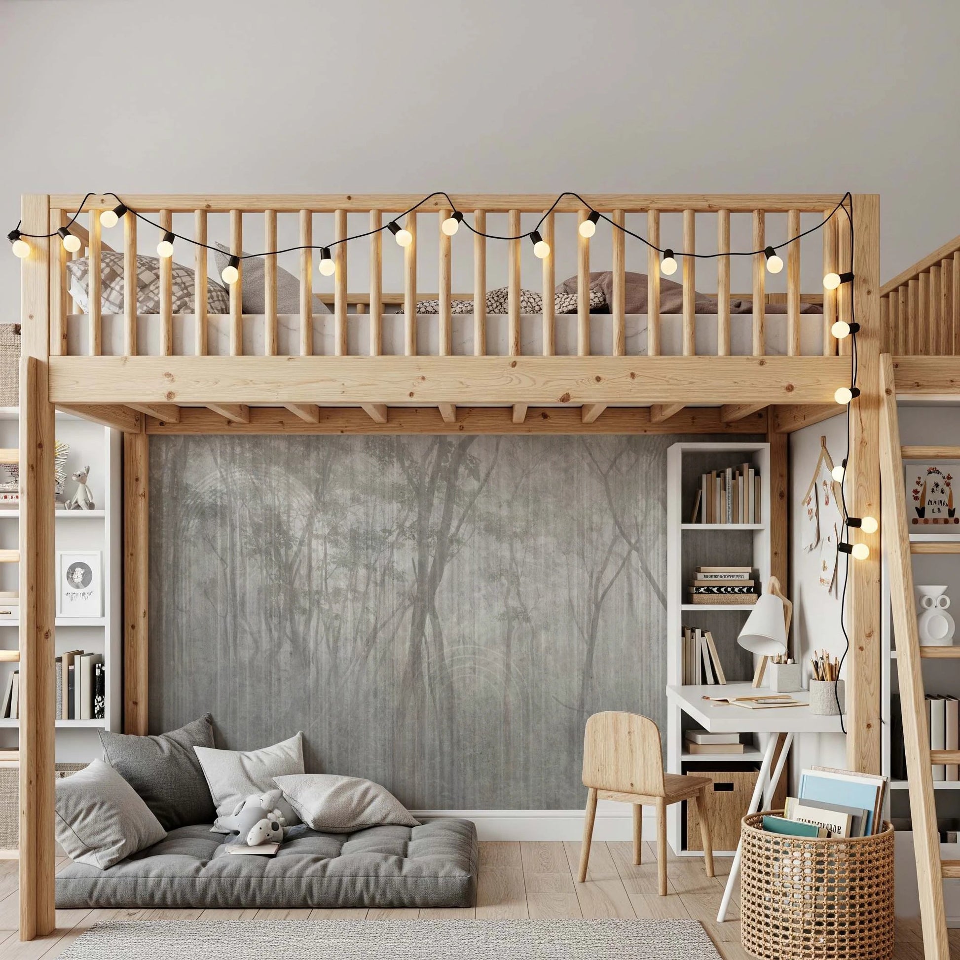 Whispers of the Woods Wall Mural in a bedroom with a wooden loft bed.