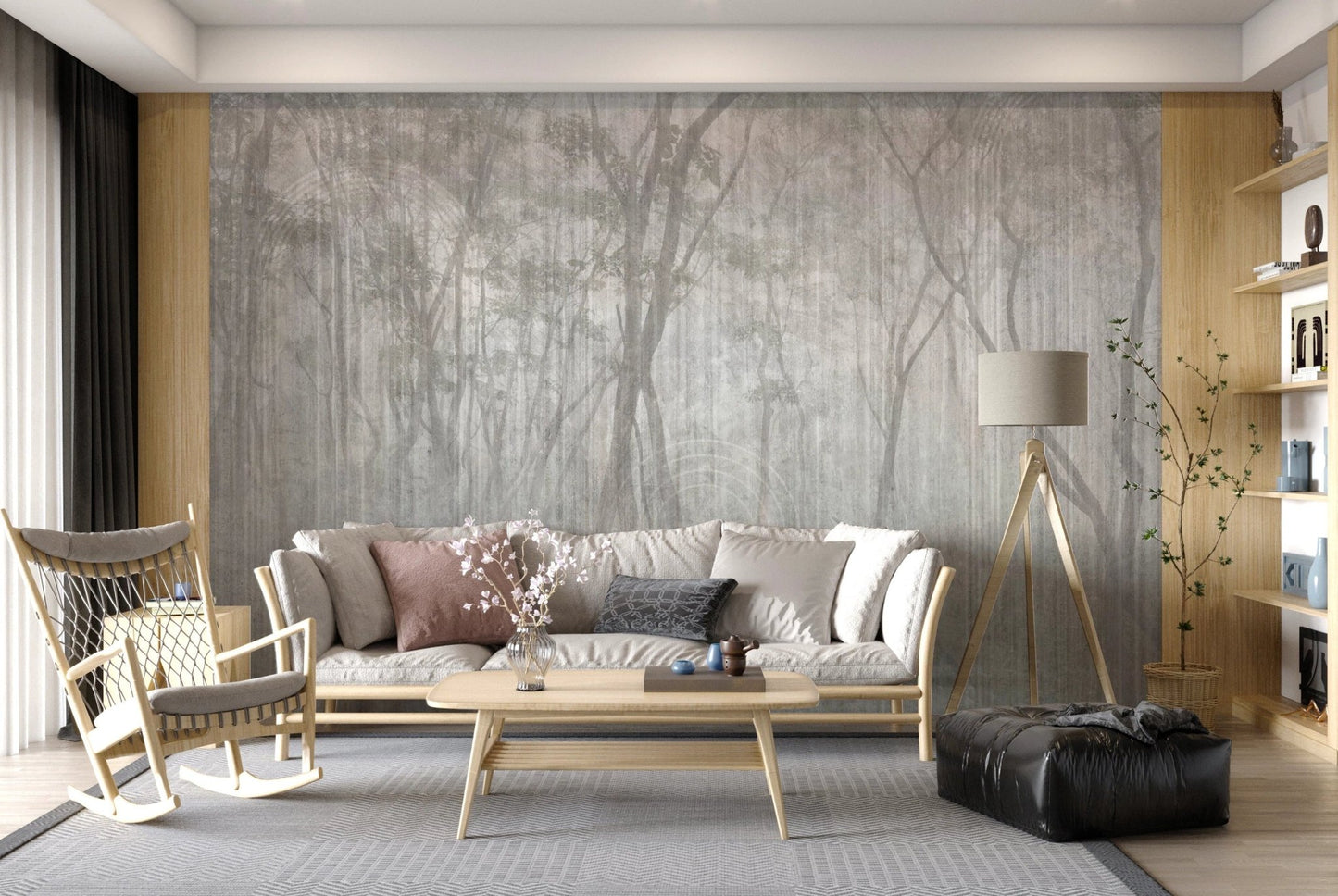 Minimalist living room featuring a grey wood pattern wall mural and modern furniture.
