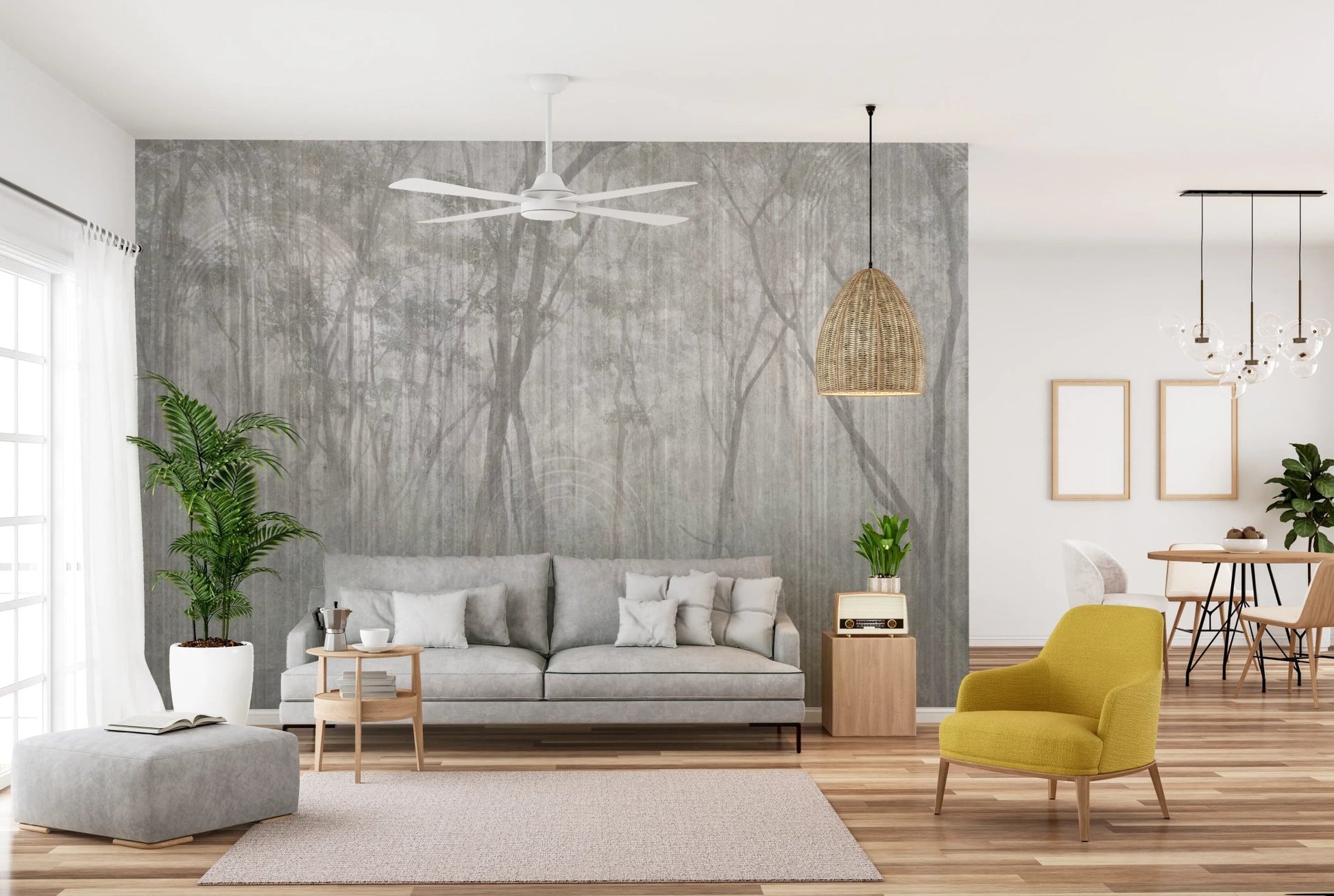 Modern living space with grey wood forest wall mural and a yellow accent chair.