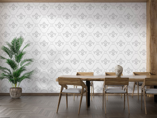 White and grey color vintage look damask wallpaper in a dining room with wooden furniture.
