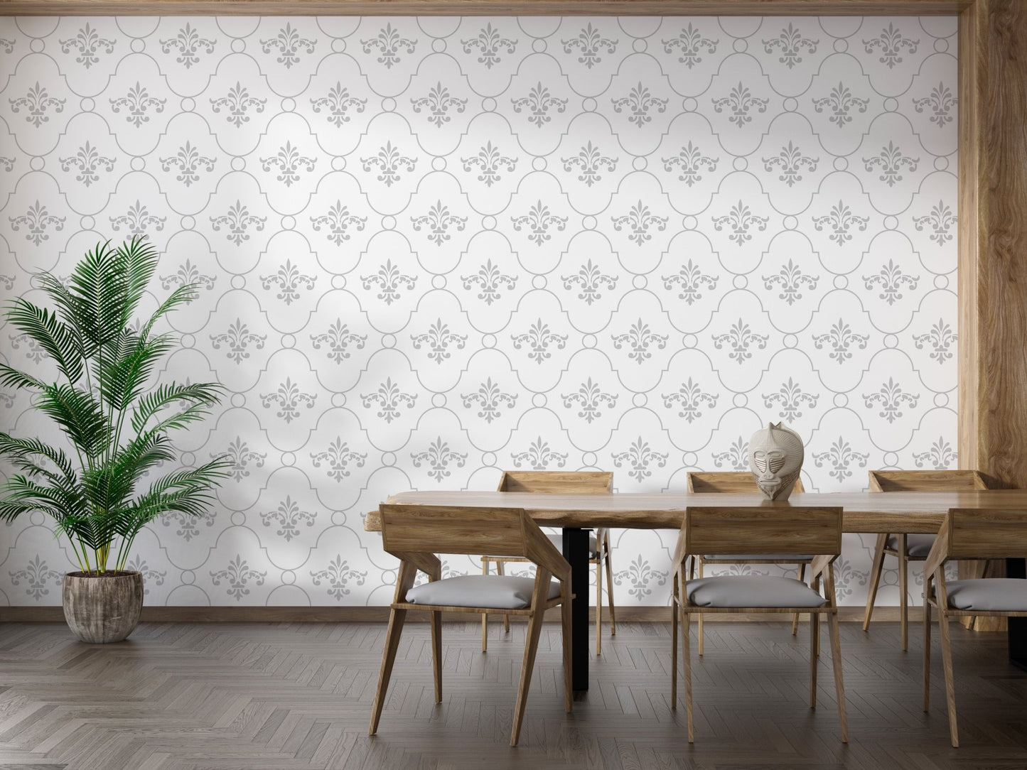 White and grey color vintage look damask wallpaper in a dining room with wooden furniture.