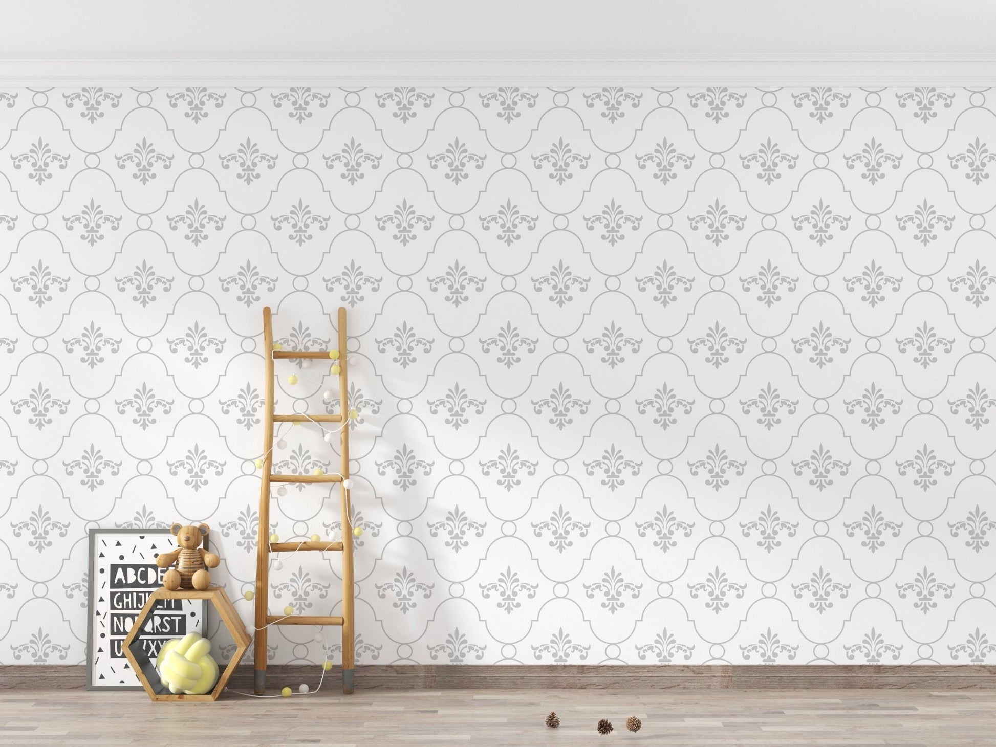 Neutral vintage damask wallpaper in a child's room with a wooden ladder.